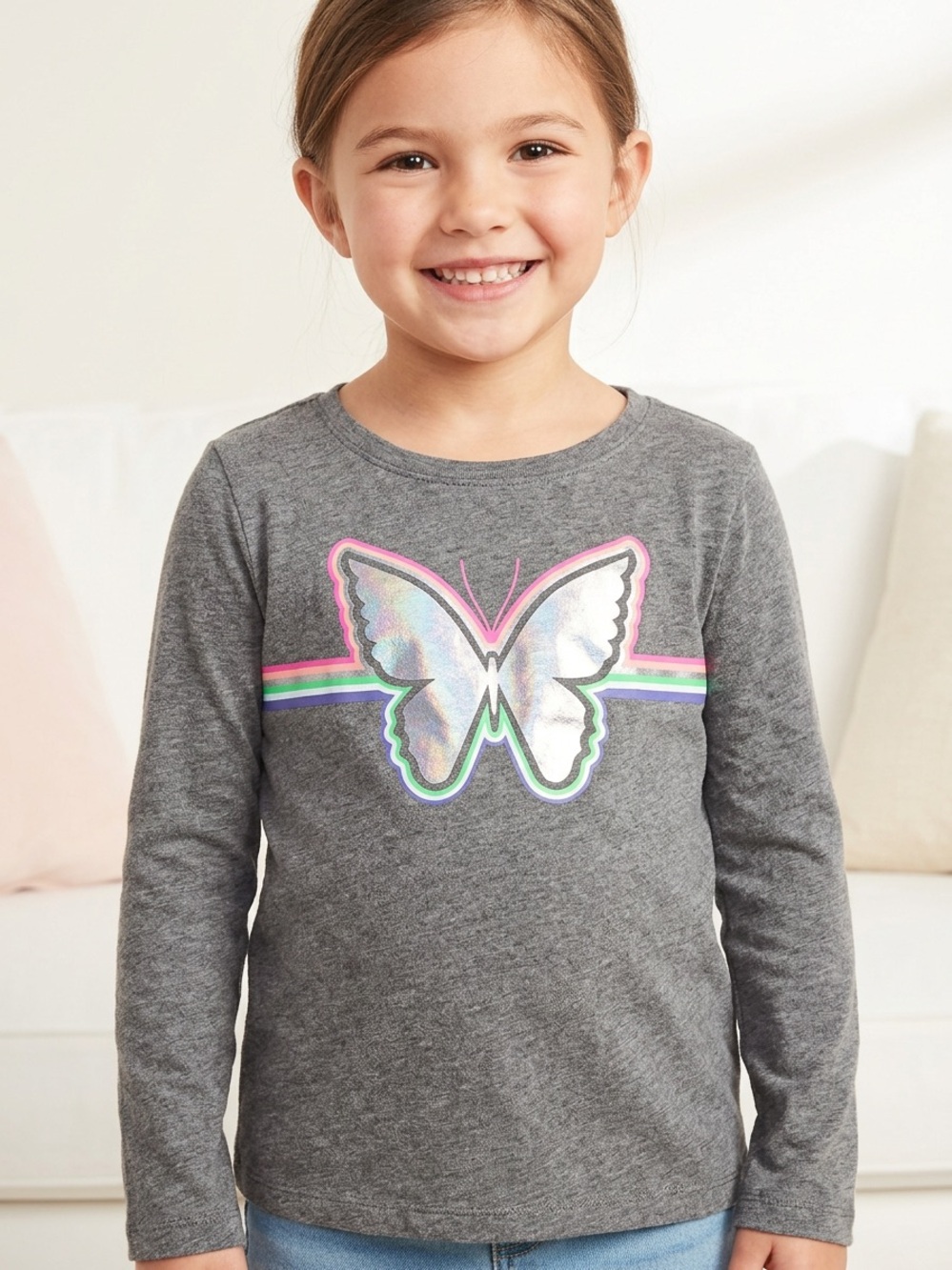GAP Gray Long-Sleeve Tee with Shimmer Butterfly and Pink, Green, Blue Accents